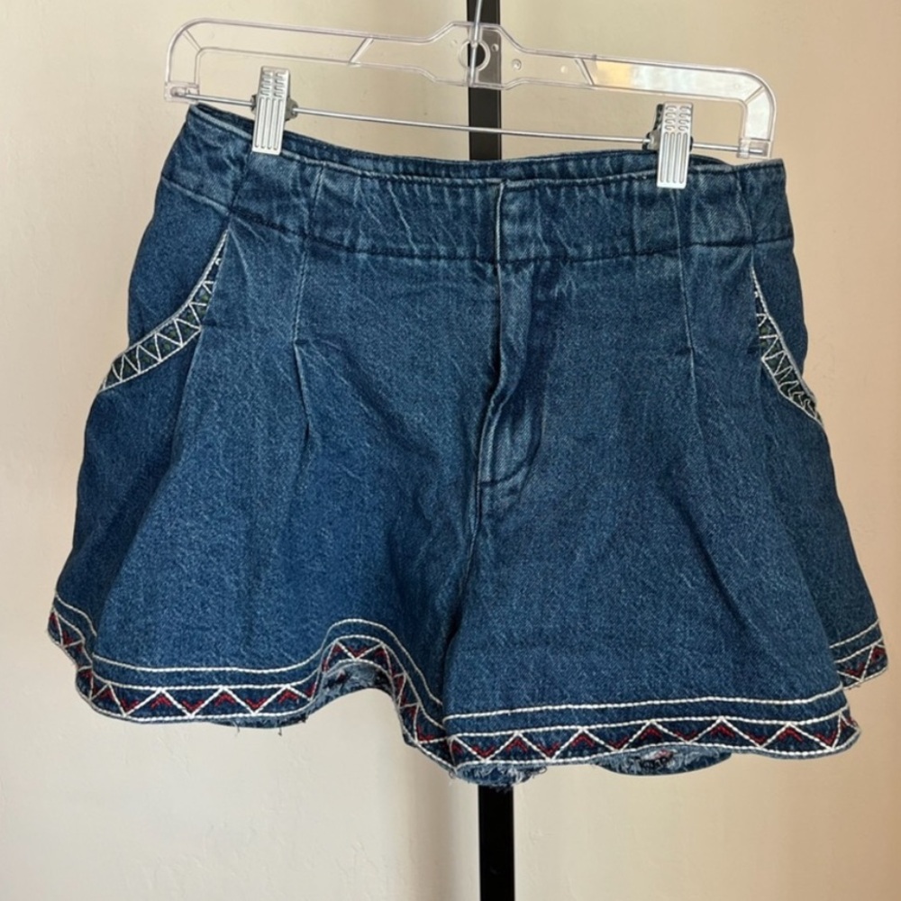 Anthropologie Denim Embroidered Skirt-Shorts in Blue with Red & White Trim